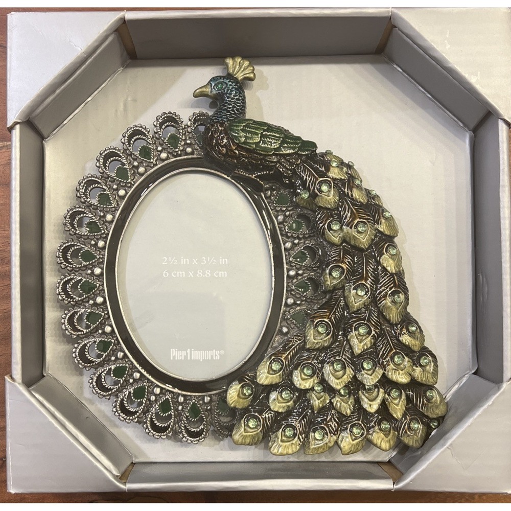 Pier 1 Imports Peacock Oval Picture Frame 2 1/2" x 3 1/2" with enamel & crystals